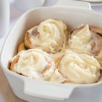 Easy Overnight Cinnamon Rolls for Two are an indulgent breakfast with outrageous cream cheese frosting. From BakingMischief.com