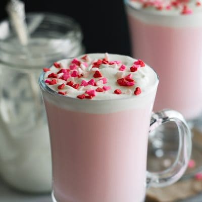 Pink Hot Chocolate with Mason Jar Whipped Cream is the cutest hot chocolate ever, with homemade whipped cream! From BakingMischief.com