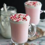 Pink Hot Chocolate with Mason Jar Whipped Cream is the cutest hot chocolate ever, with homemade whipped cream! From BakingMischief.com