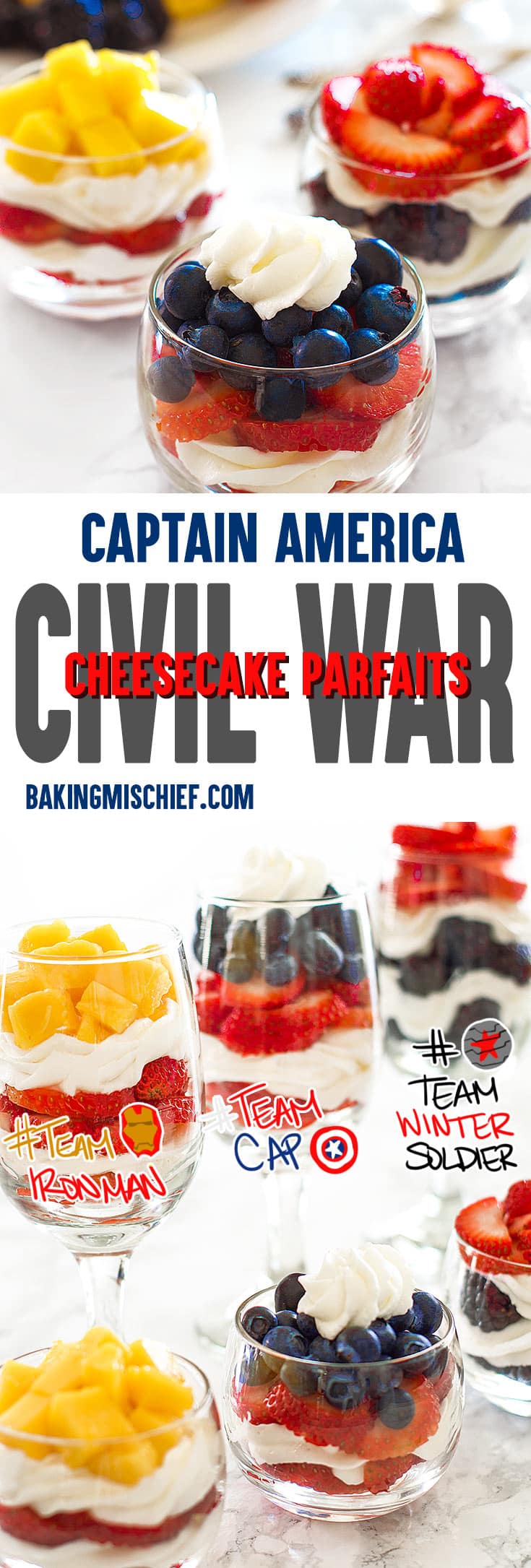 Are you Team Captain America, Team Iron Man, or Team Winter Soldier? Declare your allegiance with these Civil War cheesecake parfaits. Delicious tangy cheesecake whipped cream piped between layers of fresh fruit make a quick and easy Captain America dessert perfect for parties! From BakingMischief.com
