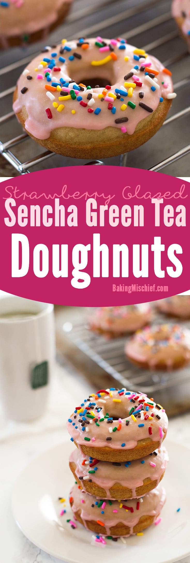 My favorite baked doughnut recipe infused with sencha green tea and topped with a fresh strawberry glaze and sprinkles. Recipe includes nutritional information. From BakingMischief.com