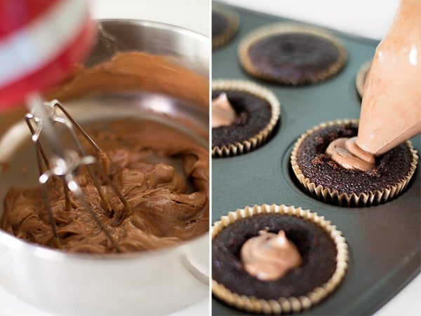Collage photo of Hershey's buttercream frosting being made and piped into cupcakes.
