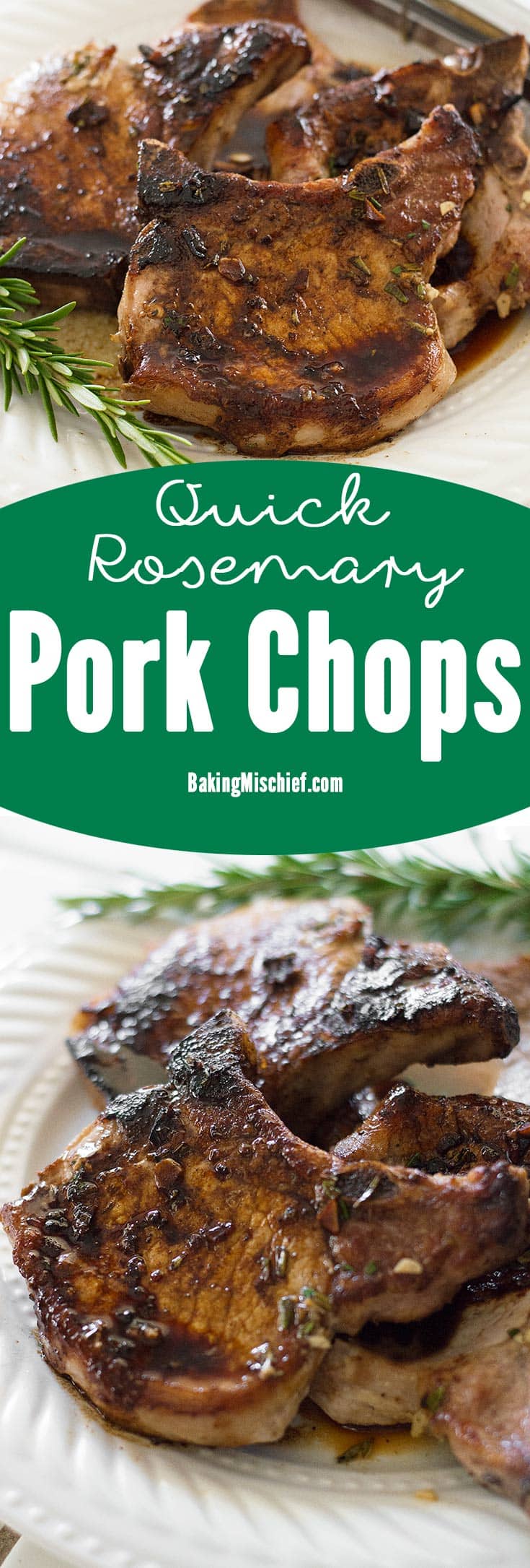 Quick pork chops made with rosemary and sherry that can be on the table in about 20 minutes. So easy and delicious you won't believe it. Recipe includes nutritional information. From BakingMischief.com