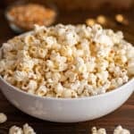 Homemade kettle corn in a white bowl.