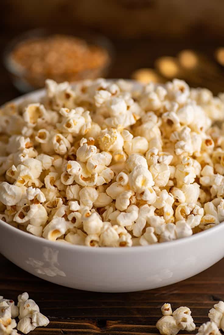 Homemade kettle corn in a white bowl. 