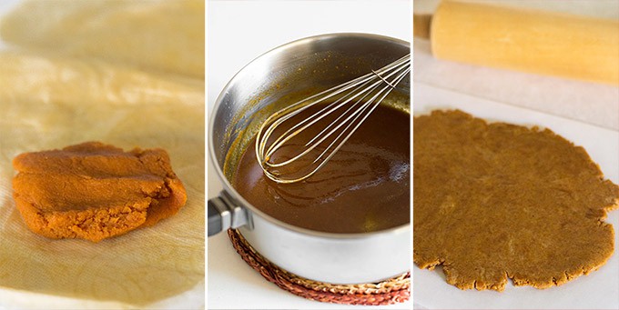 Collage of pumpkin puree being made into pumpkin shortbread cookies.