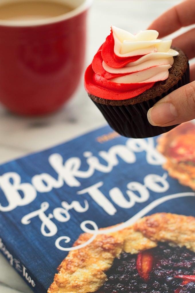 A recipe for four perfect and adorable small-batch chocolate cupcakes with peppermint buttercream from my new cookbook, Baking for Two. Recipe includes nutritional information. From BakingMischief.com