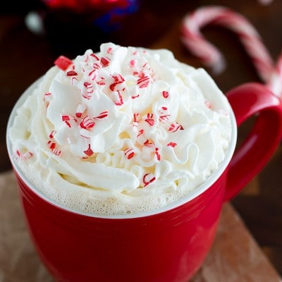 White Chocolate Peppermint Mocha Starbucks copycat made with crushed candy cane instead of peppermint extract. From BakingMischief.com