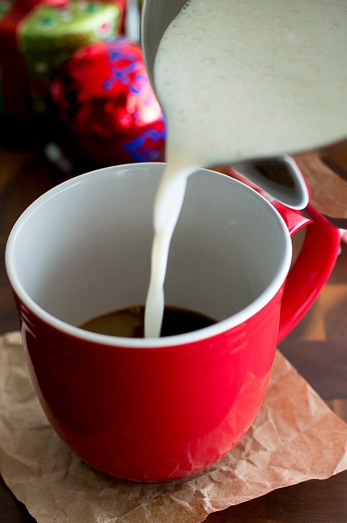 Peppermint white chocolate mocha being made.