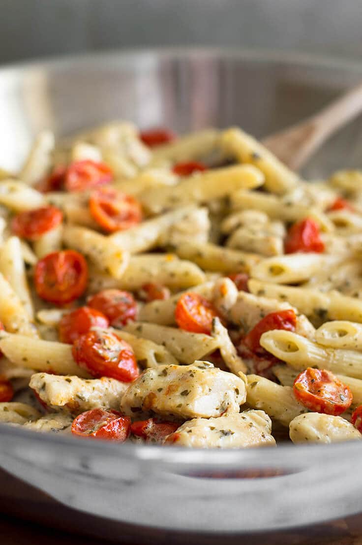 Easy Pesto Chicken Pasta for Two With Oven Roasted Tomatoes Baking