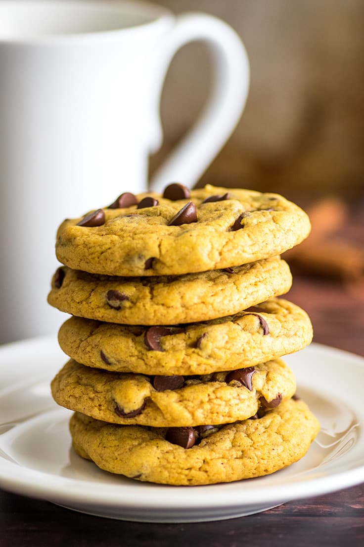 Stack of small-batch pumpkin cookies with chocolate chips on a plate.