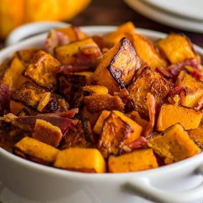This Roasted Bacon and Butternut Squash Side Dish is the perfect easy, no-fail fall side. | Easy Side Dishes | Recipes for Two | #FallRecipes |