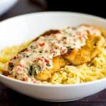 Easy Chicken in Cream Sauce for Two, crispy breaded chicken served over orzo or rice with a two minute basil and Parmesan cream sauce. | #Chicken | #ChickenDinner | #DinnerForTwo |