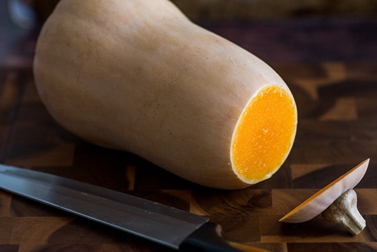 Butternut squash with the top cut off.