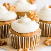 Small-batch Pumpkin Cupcakes with Cream Cheese Frosting are easy to make and one of my favorite fall desserts! Small-batch Cupcakes | #FallDesserts | #Dessertfortwo |