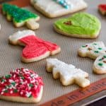 Tray of decorated sugar cookies for Christmas.