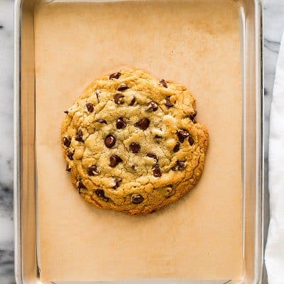 Overhead photo of One Chocolate Chip Cookie for Two on a tray.