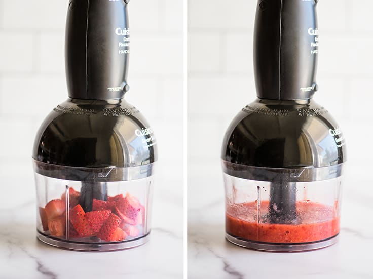 Collage picture of strawberries being pureed for strawberry frosting.