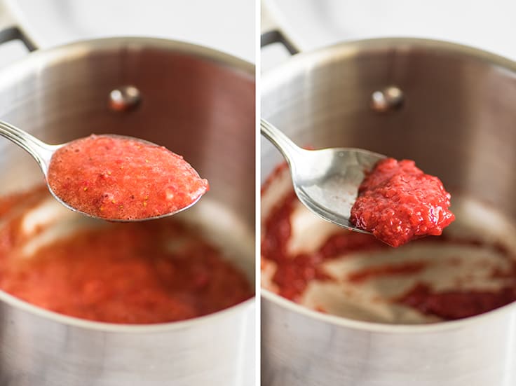 Collage picture of strawberries being reduced for strawberry frosting.