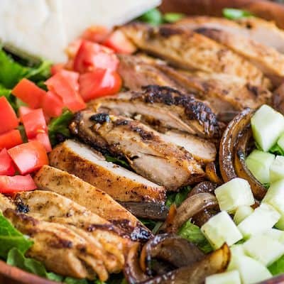 Chicken Shawarma Salad in a wooden bowl.