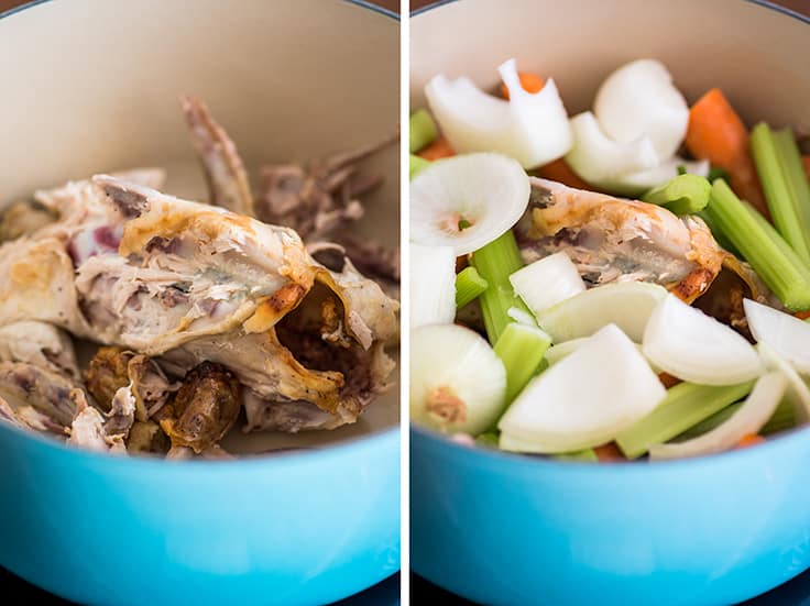 Image of homemade chicken stock ingredients in a blue pot.
