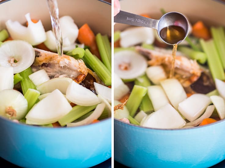 Picture of water and vinegar being added to homemade chicken stock.