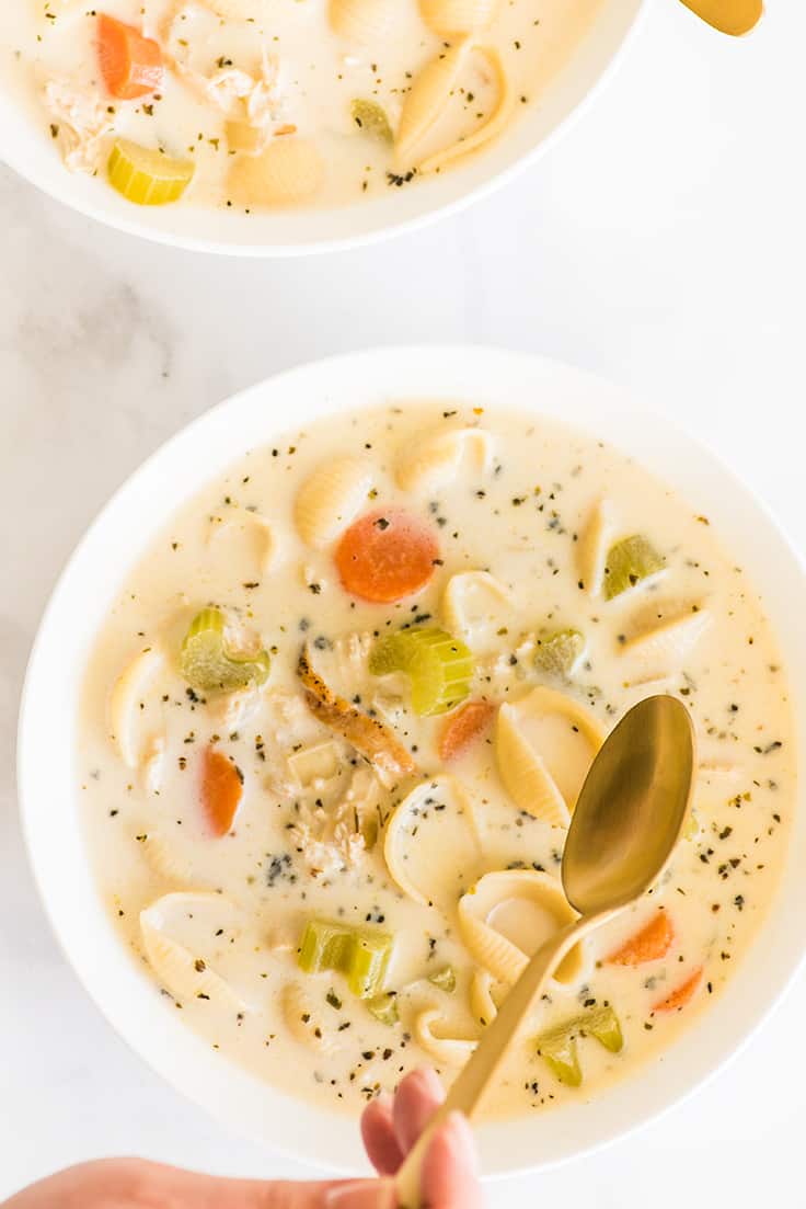 Overhead photo of Easy Creamy Chicken Noodle Soup.