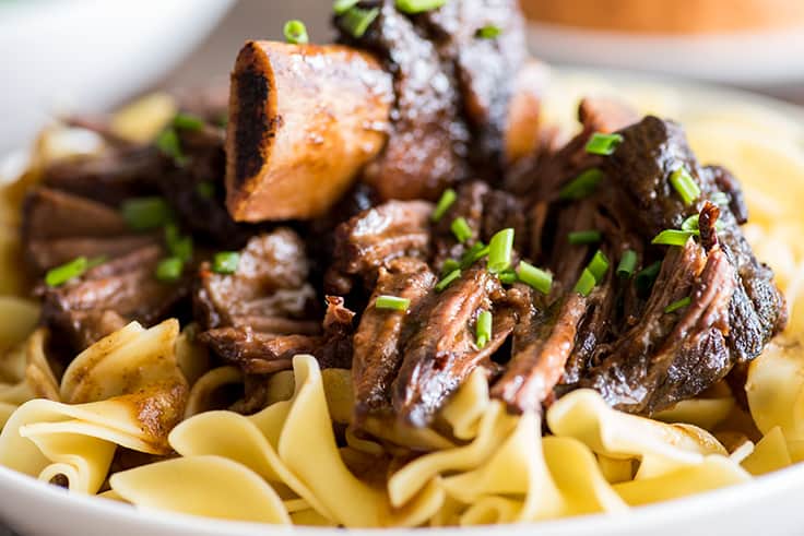Image of shredded braised short ribs with egg noodles in a white bowl. 