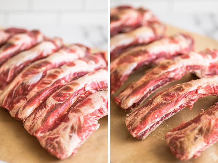 Beef ribs in a slow cooker with barbecue sauce.