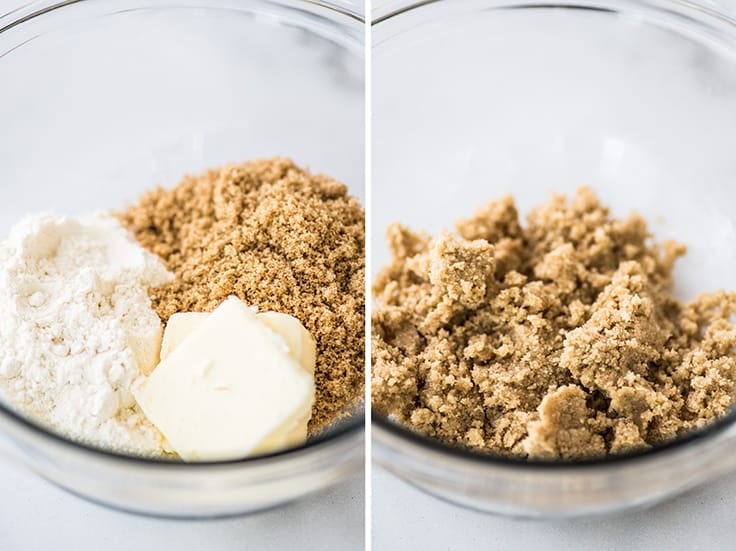 Collage photo of streusel for pumpkin donuts being made.
