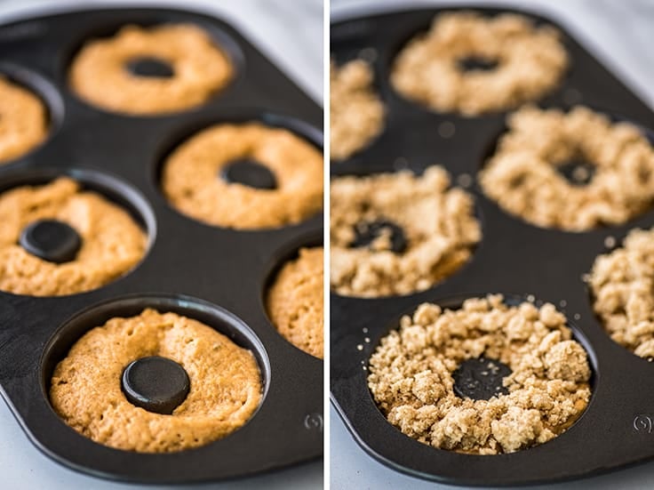 Collage photo of baked pumpkin donuts being assembled.