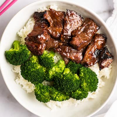 Overhead photo of Beef Teriyaki in a bowl with rice.