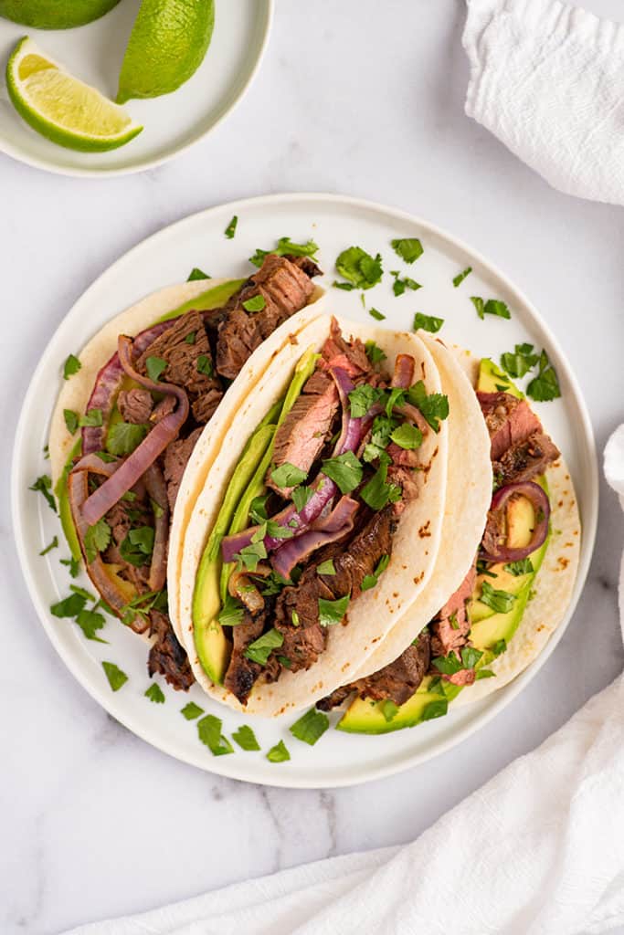Overhead photo of carne asada tacos.