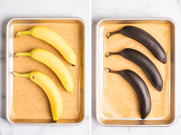 Collage de bananes avant et après la cuisson pour les faire mûrir.