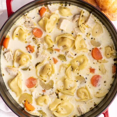 Chicken tortellini soup in a red pot.
