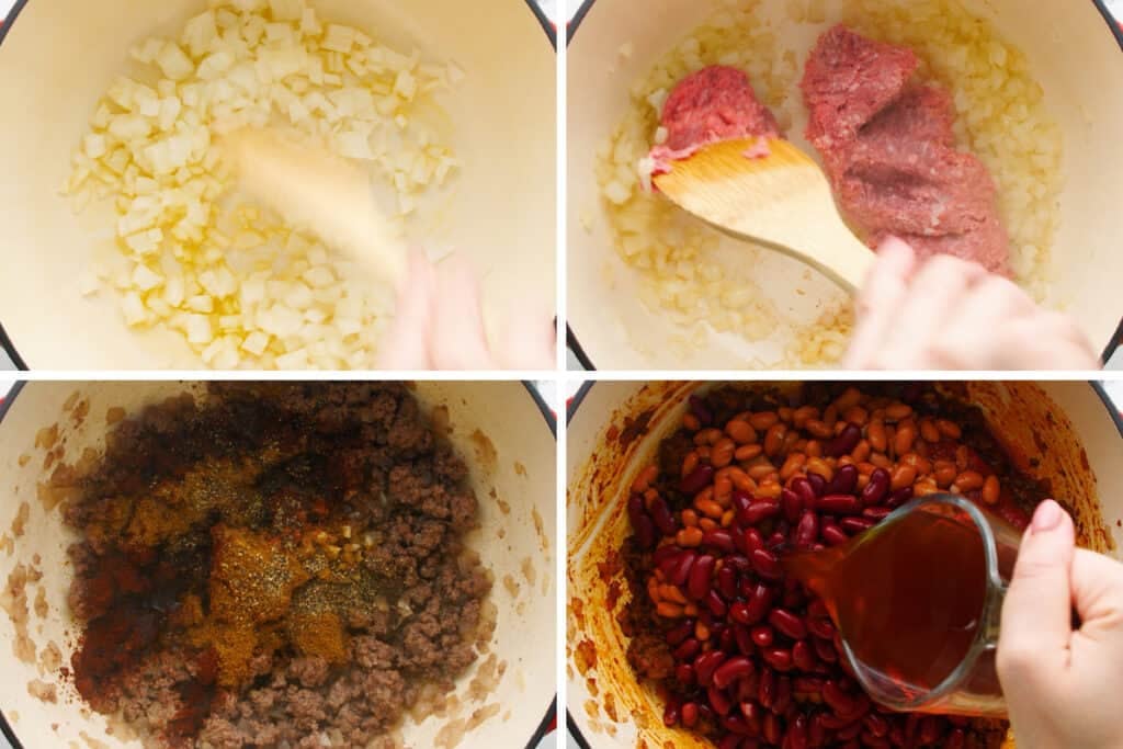 Collage photo of chili being made.