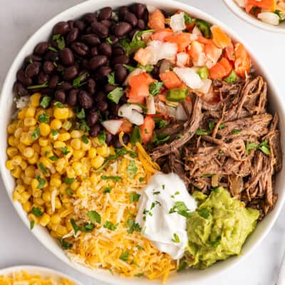 Overhead photo of a barbacoa burrito bowl.