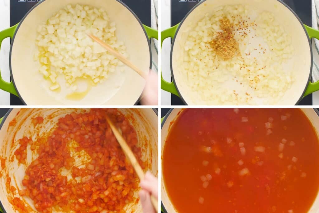Collage photo of chicken parm soup being made part 1.