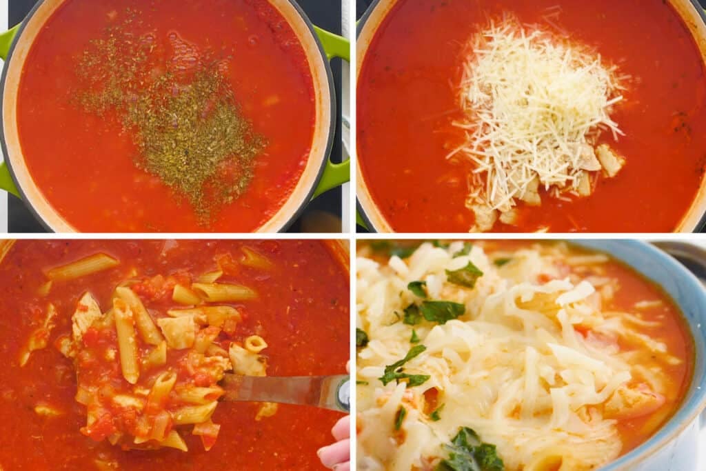 Collage photo of chicken parm soup being made part 2.