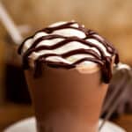 Baileys hot chocolate with whipped cream and fudge drizzle.
