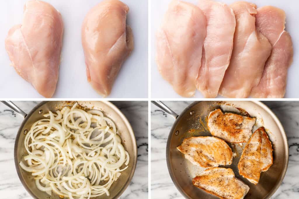 Collage photo of balsamic chicken being cooked part 1.