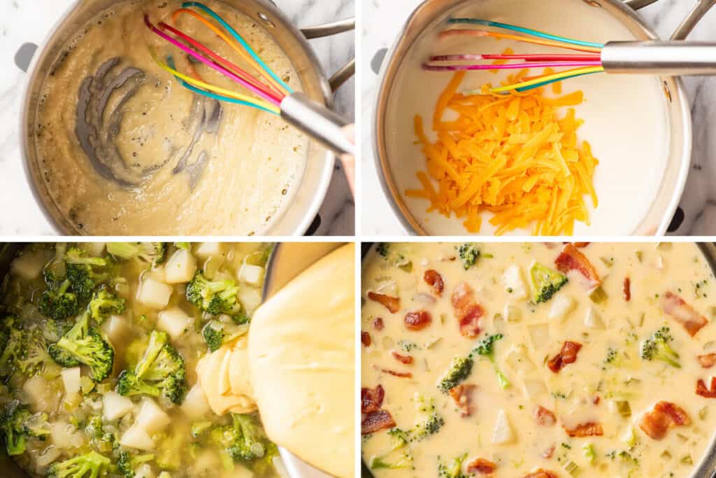 Collage photo of broccoli potato soup being made part 1.