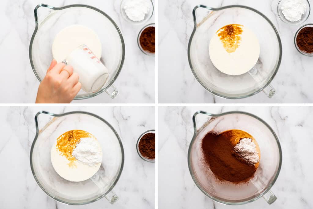Collage photo of chocolate whipped cream being made.