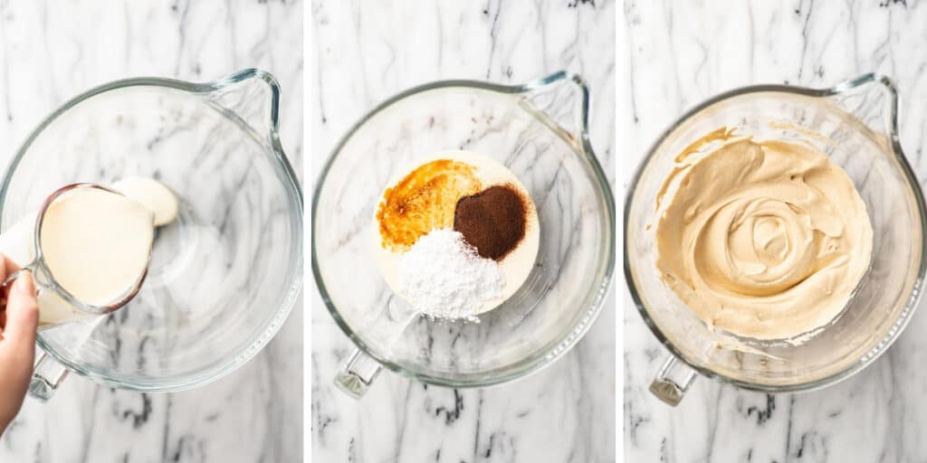 Collage photo of coffee whipped cream being made.