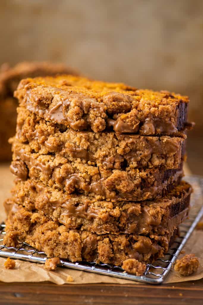 Stack of pumpkin bread slices.