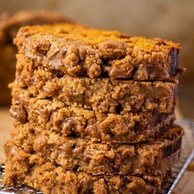 Stack of pumpkin bread slices.