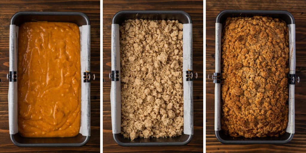 Collage photo of pumpkin bread batter being baked.