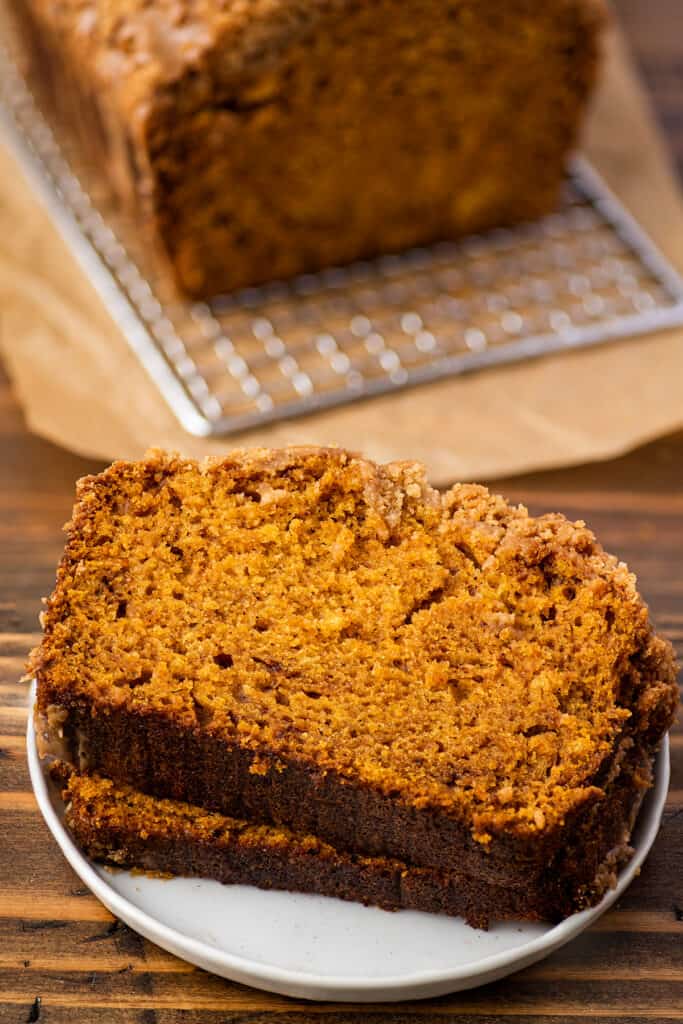 Slices of pumpkin bread on a small plate.