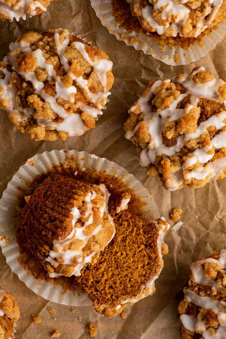 Overhead photo of Small-batch Pumpkin Streusel Muffins on parchment paper.