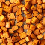 Overhead photo of roasted sweet potatoes.